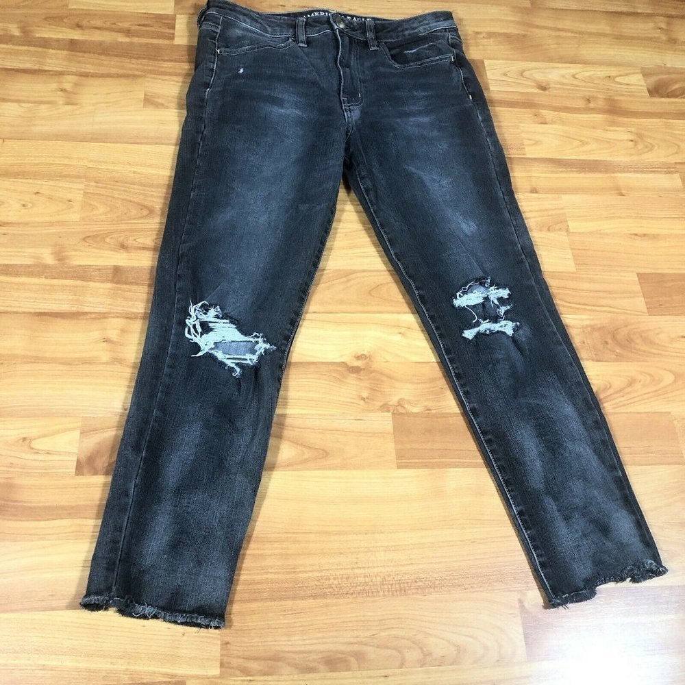 American Eagle Super Stretch High Rise Jegging Crop Black Distressed Jeans Sz 8R
